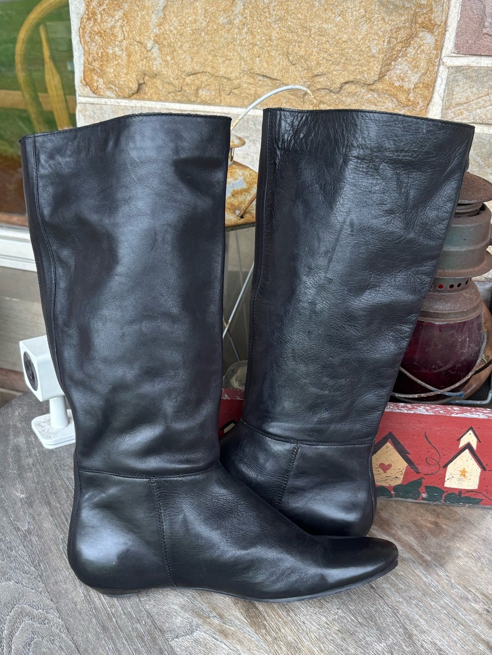 Gianni Bini Heather Black Leather Low Heel Knee-High Boots